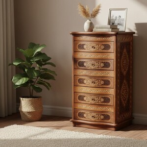 Sheesham Handcrafted Wooden Chest of 5 Drawers With Brass Knobs | Vintage Floral Inlay Cabinet