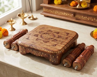 Mesita auxiliar artesanal de madera de sheesham / Patas rectas, trabajo de incrustaciones talladas, decoración india