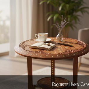 May include: A round, hand-carved wooden table with detailed patterns. A cup and saucer, an open book, a pen, and a small vase with flowers are on the table. The table is in a bright room with a window and a sofa. The text "Exquisite Hand-Carved Tables" is at the bottom.