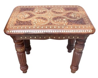 Handcrafted Sheesham Wood Coffee Table 18x12x18 Inch | Solid Wood rectangle Side Table | Traditional Carved & Inlay Work Stool |Wooden Decor