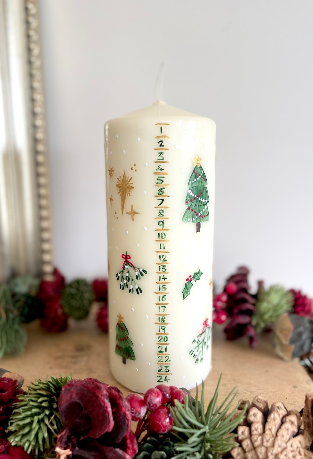 Christmas Advent Pillar Candle Hand Painted Personalisation Available