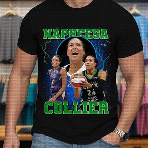 May include: Black t-shirt featuring a graphic of Napheesa Collier, a basketball player, with her name in green. The design includes images of her in action with a basketball and the text "MAYO CLINIC".