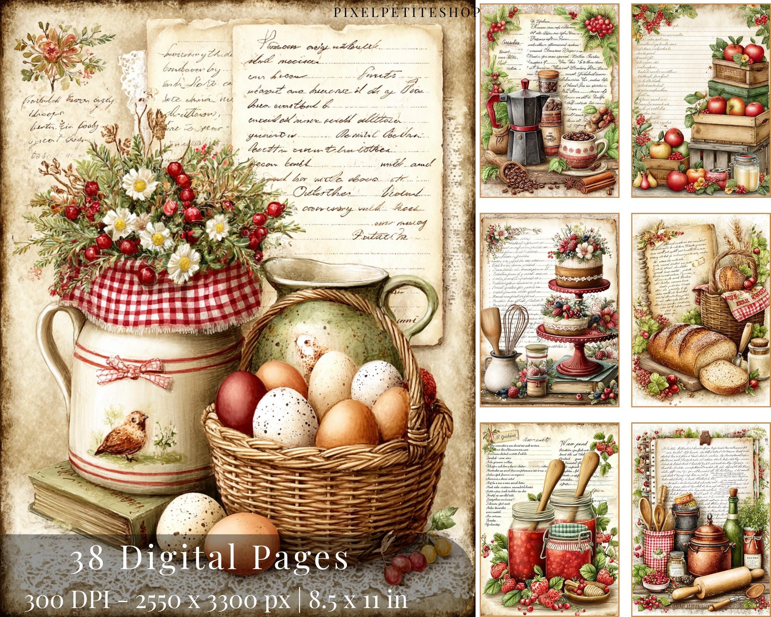 Preview of Vintage Recipe Journal Papers — 38 Printable Kitchen Pages