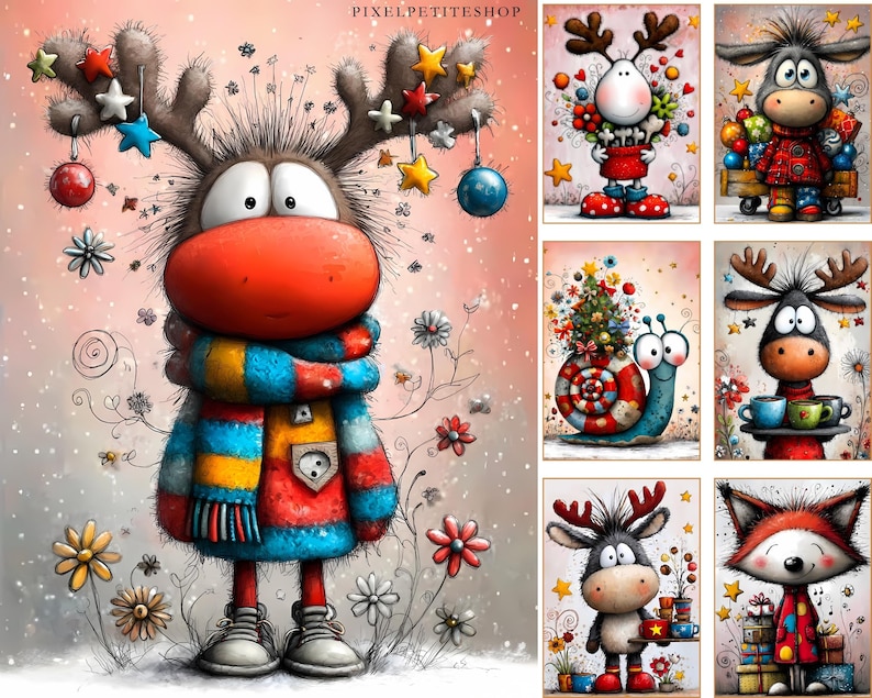 Witzige Weihnachtstiere Digitales Papier | Junk Journal Seiten, Karten (Digitaler Download) Bild 8