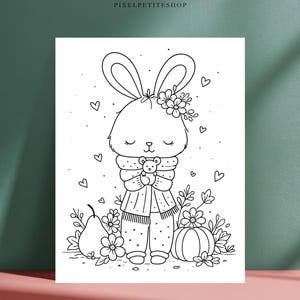 May include: A black and white line art coloring page featuring a rabbit with long ears, wearing a scarf and holding a small teddy bear. The rabbit is surrounded by flowers, a pear, a pumpkin, and floating hearts. The text PIXELPETITESHOP is at the top.