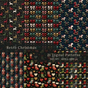 May include: A collection of 21 digital patterns with a retro Christmas theme. The patterns include reindeer, bows, rocking horses, nutcrackers, stockings, and hearts in various colors on a dark background. The text "Retro Christmas" is also visible.