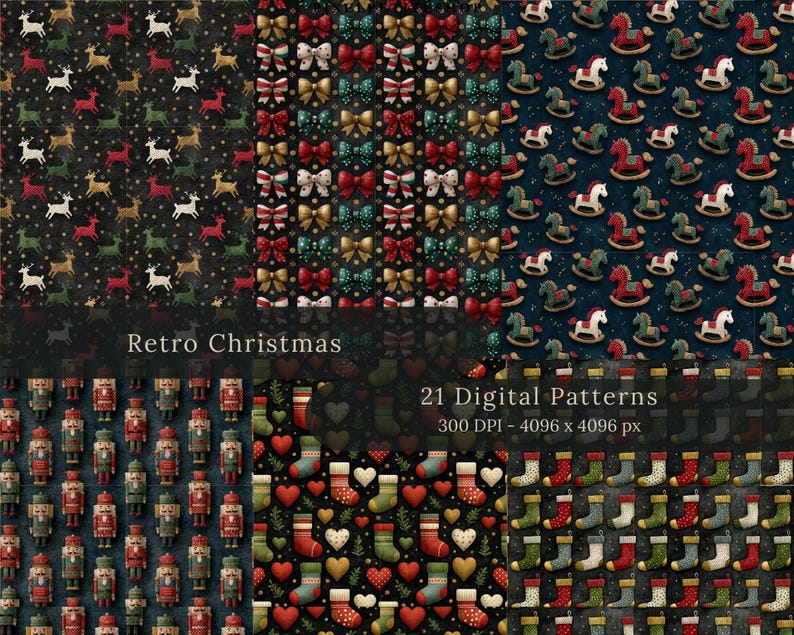 May include: A collection of 21 digital patterns with a retro Christmas theme. The patterns include reindeer, bows, rocking horses, nutcrackers, stockings, and hearts in various colors on a dark background. The text "Retro Christmas" is also visible.