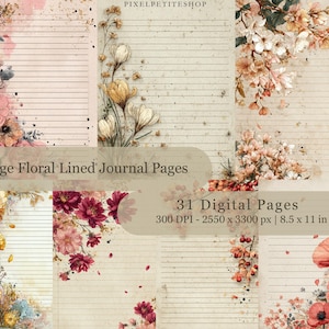 May include: A selection of vintage floral lined journal pages. The pages have a cream background with floral designs in pink, peach, and yellow. The text "Vintage Floral Lined Journal Pages" is visible. The pages are 21.6 x 27.9 cm.