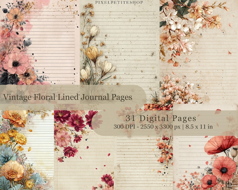 May include: A collection of vintage floral lined journal pages. The pages feature a cream-colored background with delicate floral arrangements in shades of pink, peach, and yellow. The text "Vintage Floral Lined Journal Pages" is visible. The pages are 8.5 x 11 inches.