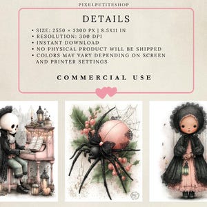 May include: A digital download graphic featuring three illustrations: a skeleton playing a pink piano, a black spider with a pink ornament and holly, and a child in a black bonnet and cape holding a lantern. Text includes PIXELPETITESHOP, DETAILS, and COMMERCIAL USE.
