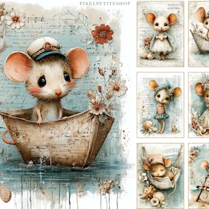 May include: Watercolor illustrations of adorable mice in nautical and beach-themed settings. One mouse wears a captain's hat in a boat, while others are dressed in beach attire. The artwork features soft colors, floral accents, and vintage paper textures.