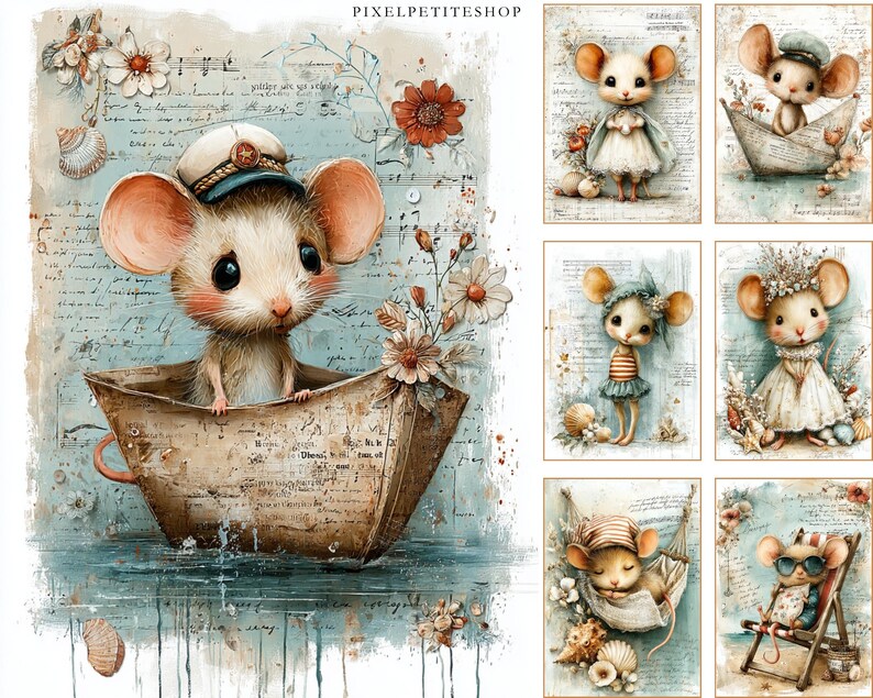 May include: Watercolor illustrations of adorable mice in nautical and beach-themed settings. One mouse wears a captain's hat in a boat, while others are dressed in beach attire. The artwork features soft colors, floral accents, and vintage paper textures.