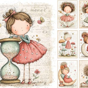 May include: Watercolor illustrations of whimsical girls. One girl leans on a large hourglass. Other images show girls with fairy wings, standing near mushrooms, and sitting on a crescent moon. The images have a vintage, storybook style.