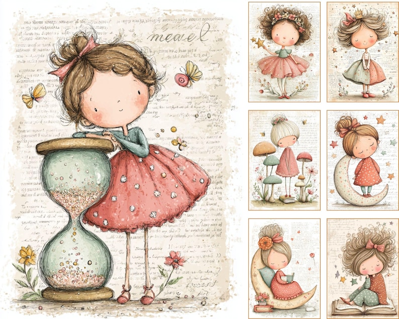 May include: Watercolor illustrations of whimsical girls. One girl leans on a large hourglass. Other images show girls with fairy wings, standing near mushrooms, and sitting on a crescent moon. The images have a vintage, storybook style.