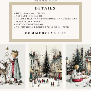 Op de afbeelding: Een set van drie aquarel illustraties met een kerstthema. E&eacute;n toont een kind dat een kerstboom versiert met een hert. Een andere toont een besneeuwde straat met een kerstboom. De laatste toont een kind bij een open haard.