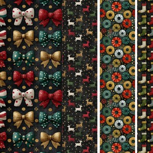May include: A festive pattern featuring Christmas bows in red, white, gold, and green with polka dots and stripes. Additional patterns include reindeer, wreaths, and stockings in a variety of colors, all set against a dark background.