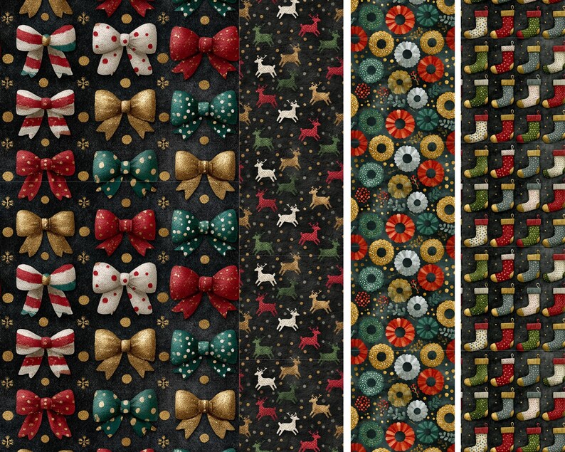 May include: A festive pattern featuring Christmas bows in red, white, gold, and green with polka dots and stripes. Additional patterns include reindeer, wreaths, and stockings in a variety of colors, all set against a dark background.