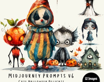 Midjourney-aanwijzingen voor leuke Halloween-tekenfilms, Midjourney v6 enge Halloween-personages, AI-griezelige aanwijzingen, inclusief gratis afbeeldingen.