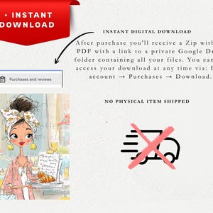 May include: A digital illustration of a person with a high bun and a floral headscarf, wearing a pink shirt and holding a tray with croissants. The image includes text stating INSTANT DOWNLOAD, NO PHYSICAL ITEM SHIPPED, and instructions for accessing a Zip file with 34 PDFs via a private Google Drive folder.
