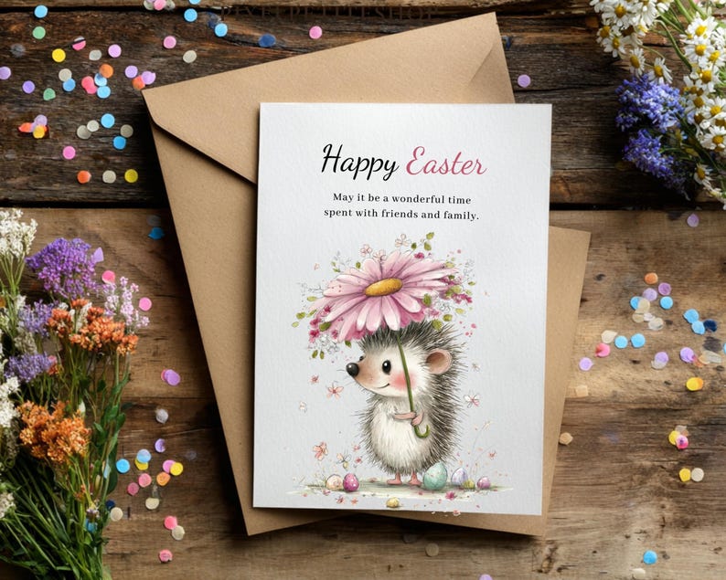 May include: A greeting card with the text "Happy Easter" and a watercolor illustration of a hedgehog holding a flower umbrella. The card is on a brown envelope, with colorful confetti and flowers scattered around.