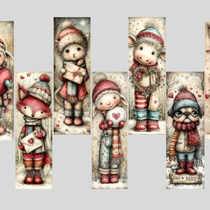 May include: A collection of watercolor illustrations featuring adorable animal characters in winter attire. Each character, including a lamb, fox, cow, bunny, and pug, holds a heart, gift, or letter, with a snowy backdrop and the text "FREE KISSES".