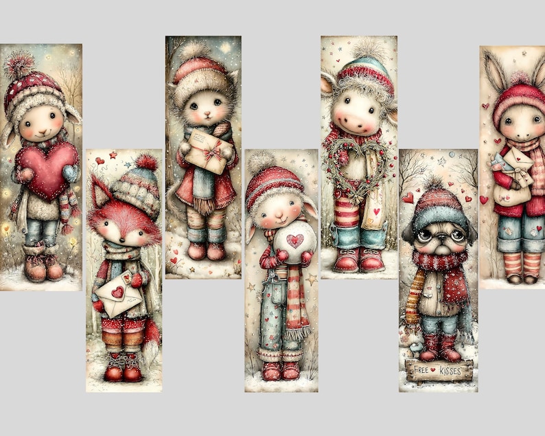 May include: A collection of watercolor illustrations featuring adorable animal characters in winter attire. Each character, including a lamb, fox, cow, bunny, and pug, holds a heart, gift, or letter, with a snowy backdrop and the text "FREE KISSES".