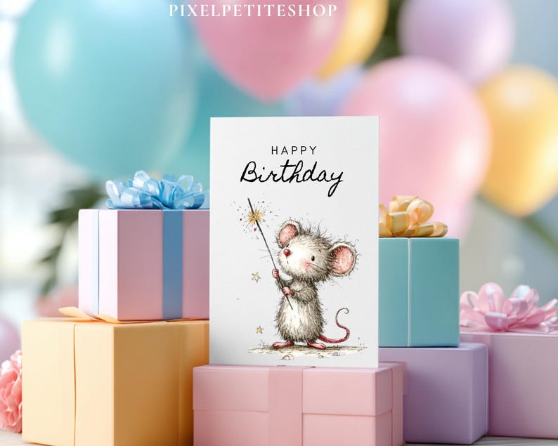 May include: A birthday greeting card featuring a watercolor illustration of a mouse holding a sparkler. The card reads "Happy Birthday" in elegant script. The card is surrounded by pastel-colored gift boxes and balloons, creating a festive atmosphere.