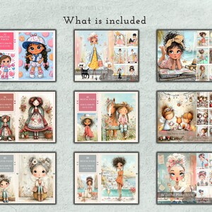 May include: A digital collection of nine sets of illustrated character art featuring various girls in diverse settings. Each set displays multiple small thumbnails alongside a larger central image, with text labels indicating the number of digital pages.