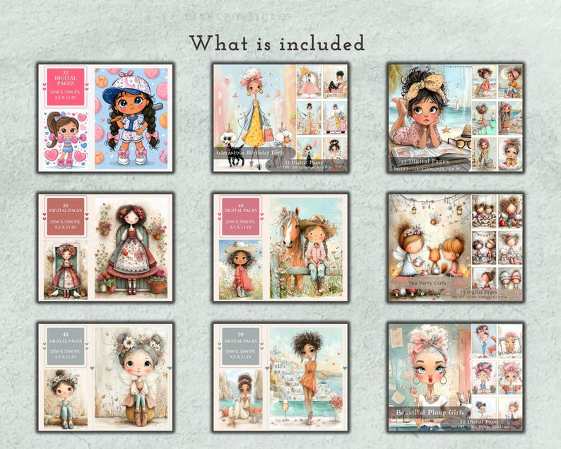 May include: A digital collection of nine sets of illustrated character art featuring various girls in diverse settings. Each set displays multiple small thumbnails alongside a larger central image, with text labels indicating the number of digital pages.