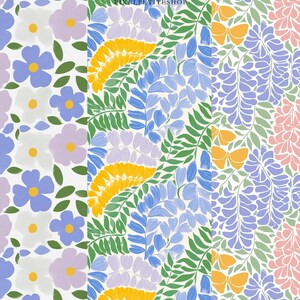 以下が含まれることがあります： 白地の背景に、青、紫、黄、緑の色合いで描かれた、様式化された花と葉の繰り返し模様。 さまざまな花の配置と蝶のモチーフが含まれており、鮮やかで装飾的な美学を作り出しています。