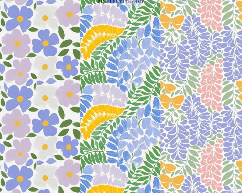 以下が含まれることがあります： 白地の背景に、青、紫、黄、緑の色合いで描かれた、様式化された花と葉の繰り返し模様。 さまざまな花の配置と蝶のモチーフが含まれており、鮮やかで装飾的な美学を作り出しています。
