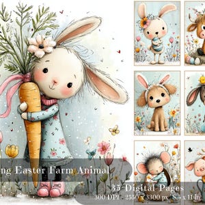 Könnte beinhalten: Aquarellillustrationen von entzückenden Hoftieren, darunter ein Hase mit einer Karotte, ein Hase mit Blumenkranz, eine Kuh, ein Hund, ein Esel, eine Maus und ein Schwein. Der Text "Spring Easter Farm Animal" ist zu sehen.