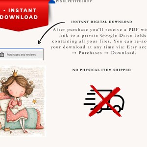 May include: An illustration of a princess with a crown, sitting on a bed and reading a book. The image includes text that says "Instant Download" and "Instant Digital Download". A crossed-out delivery truck indicates no physical item is shipped.
