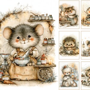 May include: A collection of watercolor-style illustrations featuring anthropomorphic animals including a mouse using a mortar and pestle, a hamster, a hedgehog, a bear with a rabbit, and a kitten, all depicted in soft, warm, earthy tones.
