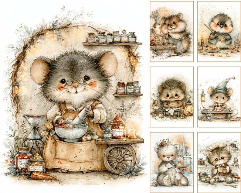 May include: A collection of watercolor-style illustrations featuring anthropomorphic animals including a mouse using a mortar and pestle, a hamster, a hedgehog, a bear with a rabbit, and a kitten, all depicted in soft, warm, earthy tones.