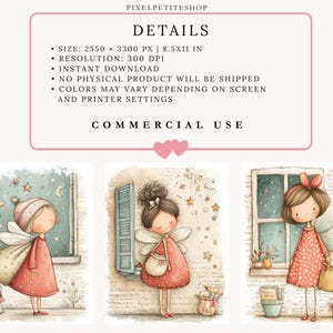 May include: Watercolor illustrations of fairy-like figures in dresses with wings, set against window and starry backgrounds. Each fairy holds a bag or basket. The images are in soft pastel colors, with details like stars and flowers. The text at the top says "DETAILS" and "COMMERCIAL USE".