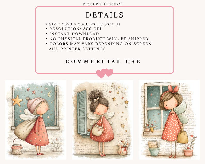 May include: Watercolor illustrations of fairy-like figures in dresses with wings, set against window and starry backgrounds. Each fairy holds a bag or basket. The images are in soft pastel colors, with details like stars and flowers. The text at the top says "DETAILS" and "COMMERCIAL USE".