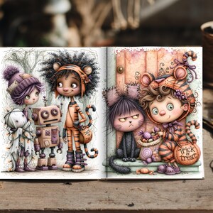 May include: An open book featuring two illustrated pages. The left page shows a child in a purple hat, a small robot, and a child in a tiger costume. The right page shows a grumpy black cat and a child in a tiger costume holding a pumpkin bucket with the text Trick or treat.