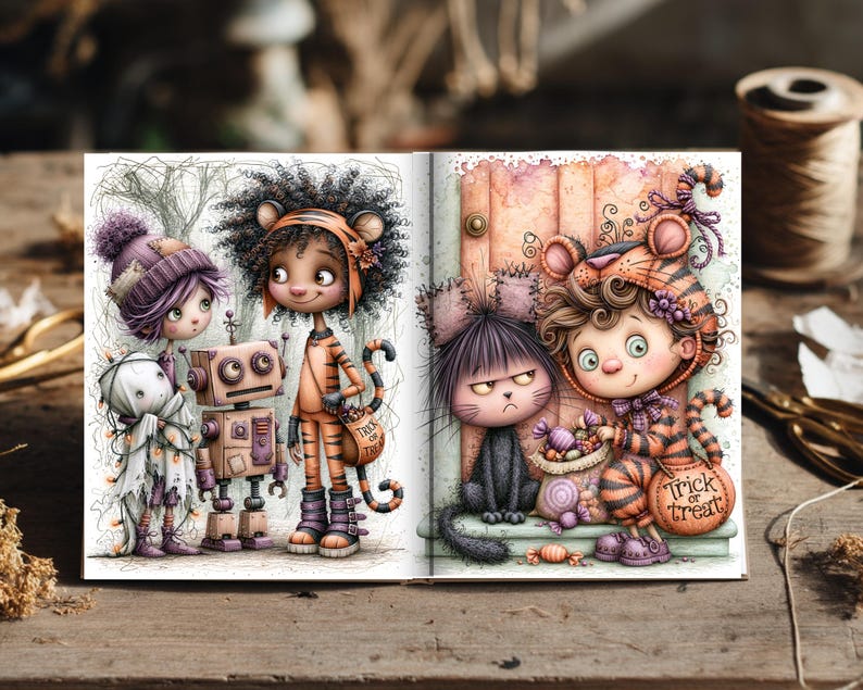 May include: An open book featuring two illustrated pages. The left page shows a child in a purple hat, a small robot, and a child in a tiger costume. The right page shows a grumpy black cat and a child in a tiger costume holding a pumpkin bucket with the text Trick or treat.