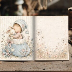 May include: An open book featuring a watercolor illustration of a child in a blue knit hat holding a stuffed rabbit inside a large blue knit boot on the left page, and a field of dandelions and small flowers on the right page.