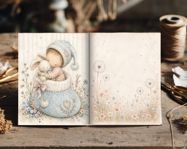 May include: An open book featuring a watercolor illustration of a child in a blue knit hat holding a stuffed rabbit inside a large blue knit boot on the left page, and a field of dandelions and small flowers on the right page.