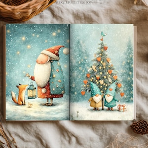 May include: An open book featuring a whimsical illustration of a bearded figure in a red and blue coat holding a lantern near a fox on the left page, and two gnomes standing under a decorated Christmas tree with heart ornaments on the right page.
