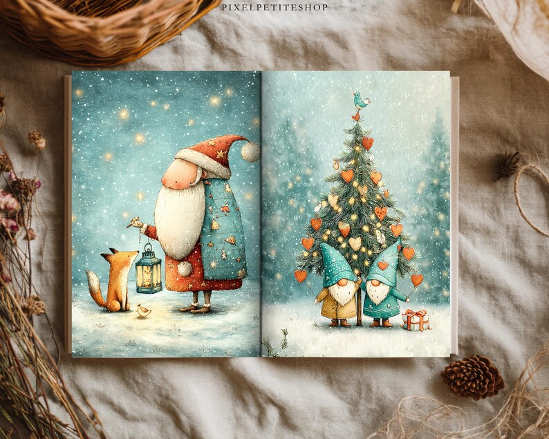 May include: An open book featuring a whimsical illustration of a bearded figure in a red and blue coat holding a lantern near a fox on the left page, and two gnomes standing under a decorated Christmas tree with heart ornaments on the right page.