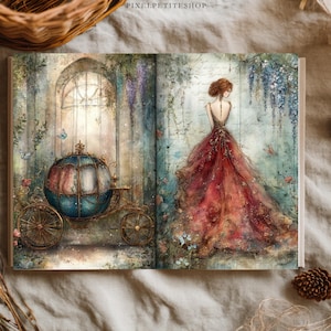 May include: An open book displaying a watercolor illustration of a blue pumpkin-shaped carriage on the left page and a person in a voluminous red gown standing in a garden setting on the right page, with the text PIXELPETITESHOP at the top.