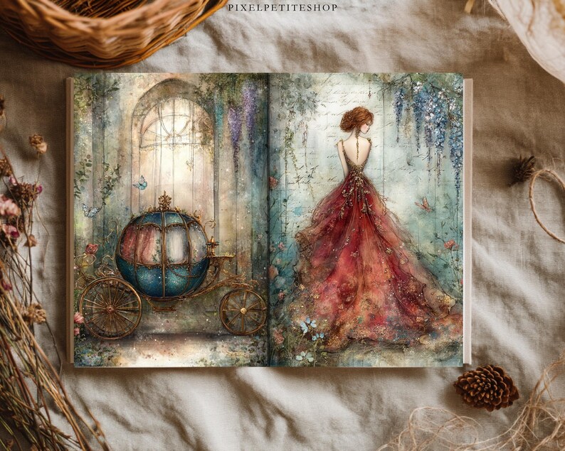 May include: An open book displaying a watercolor illustration of a blue pumpkin-shaped carriage on the left page and a person in a voluminous red gown standing in a garden setting on the right page, with the text PIXELPETITESHOP at the top.