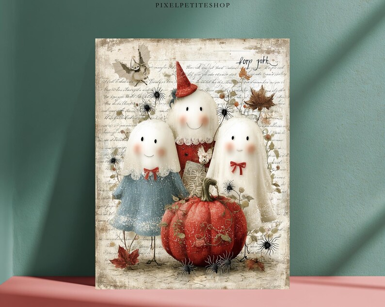 May include: A rectangular print featuring three white ghost figures with simple facial features, one wearing a red hat, positioned behind a large, textured red pumpkin. The background displays vintage-style cursive script, autumn leaves, and small spider illustrations.