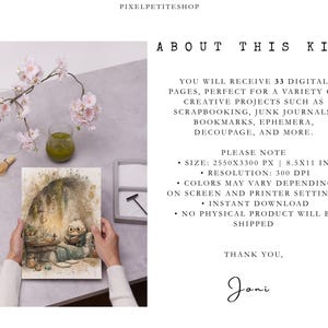 May include: A digital art print featuring an owl wearing glasses, reading in a cozy, whimsical setting. The print is held by hands, with a background of cherry blossoms, a green drink, and text that reads "About This Kit".