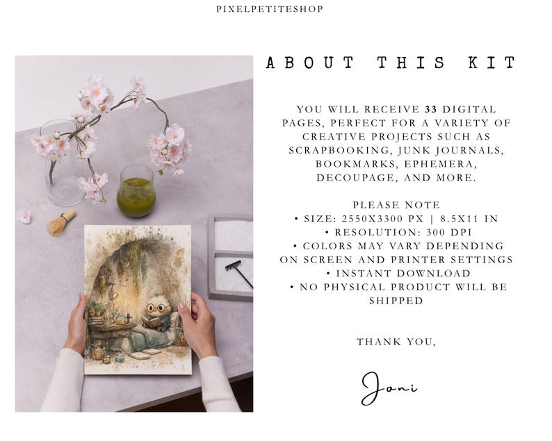 May include: A digital art print featuring an owl wearing glasses, reading in a cozy, whimsical setting. The print is held by hands, with a background of cherry blossoms, a green drink, and text that reads "About This Kit".