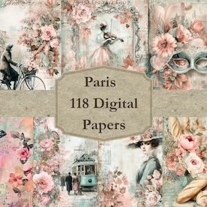 May include: A collage of vintage-style digital papers with a Parisian theme. The design features illustrations of a violinist, a person on a bicycle, flowers, butterflies, and the Eiffel Tower. The text "Paris 118 Digital Papers" is displayed in a central banner.