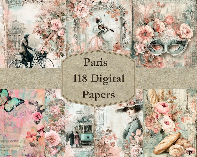Puede incluir: Un collage de papeles digitales de estilo vintage con tem&aacute;tica parisina. El dise&ntilde;o presenta ilustraciones de un violinista, una persona en bicicleta, flores, mariposas y la Torre Eiffel. El texto "Paris 118 Digital Papers" se muestra en una pancarta central.